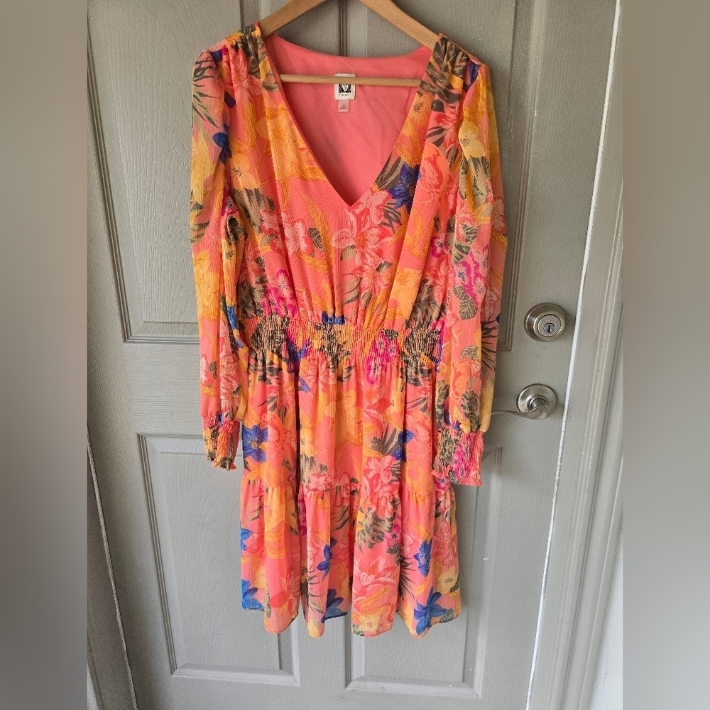 Anne Klein Floral Dress Sz 14 Women Long Sleeve Tiered Smocked Waist Fit Flare - Picture 2 of 15